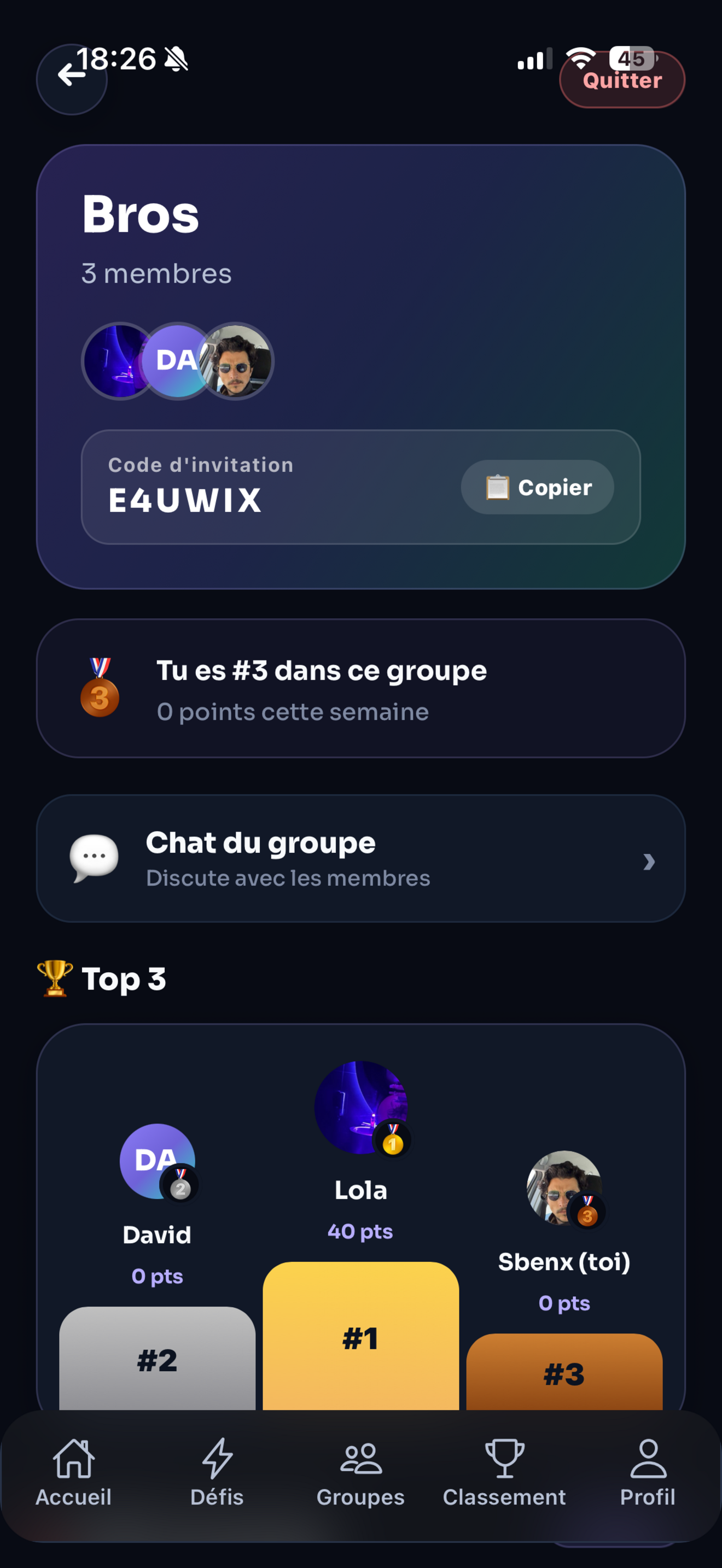 Groupe d'amis — code d'invitation et podium du Top 3